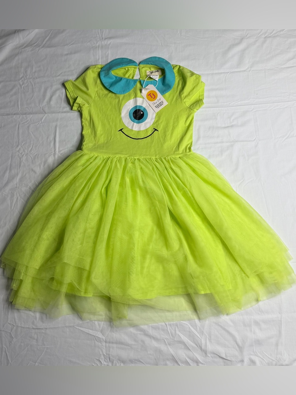 Kids Lime Green Monster Tulle Dress with Blue Collar